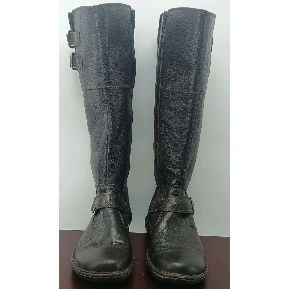 BOC Born Pebbled Brown Leather Boots Buckle Women's 8.5 Riding Moto Tall Zip